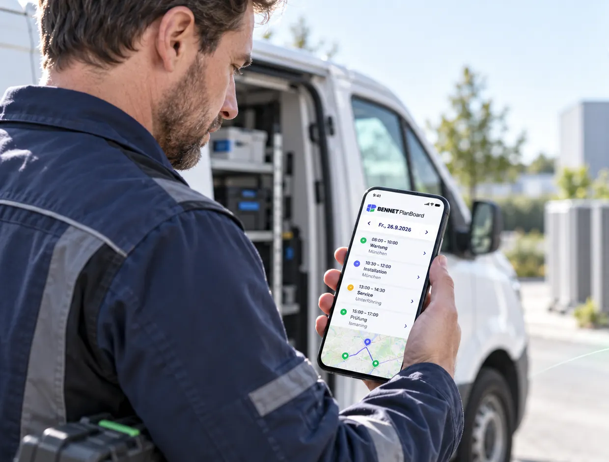 Techniker am Servicewagen sieht auf dem Handy seine Termine des Tages